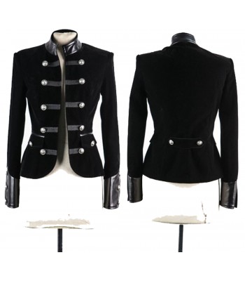 Women Gothic Black Velvet Coat Accents Double-Breasted Women Military Velvet Jacket Coat 